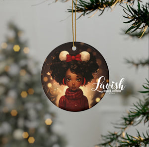 Black Girl Gold Star Sparkles Red Hair Bow Christmas Ceramic Ornaments (1pc, 3pcs, 5pcs, 10pcs)