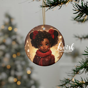 Black Girl Gold Sparkles Red Hair Bows Christmas Ceramic Ornaments (1pc, 3pcs, 5pcs, 10pcs)