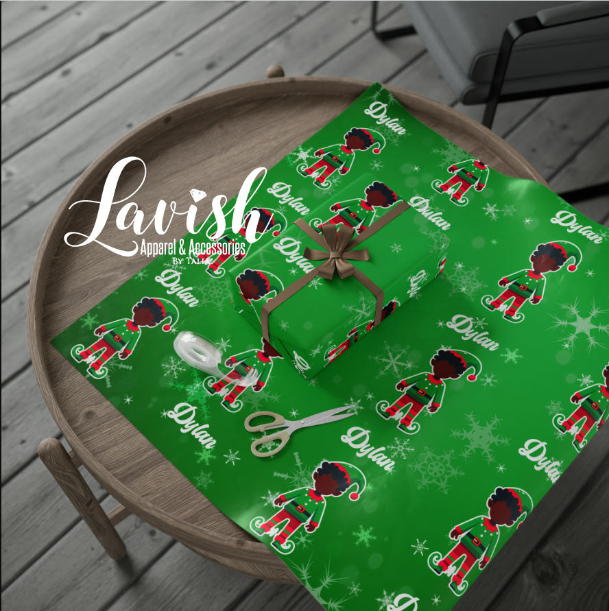 Personalized Black Boy Elf Christmas Wrapping Papers