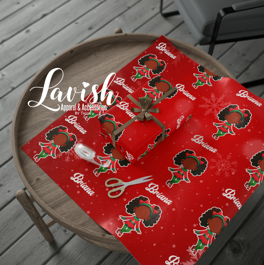 Personalized Black Girl Elf Christmas Wrapping Papers