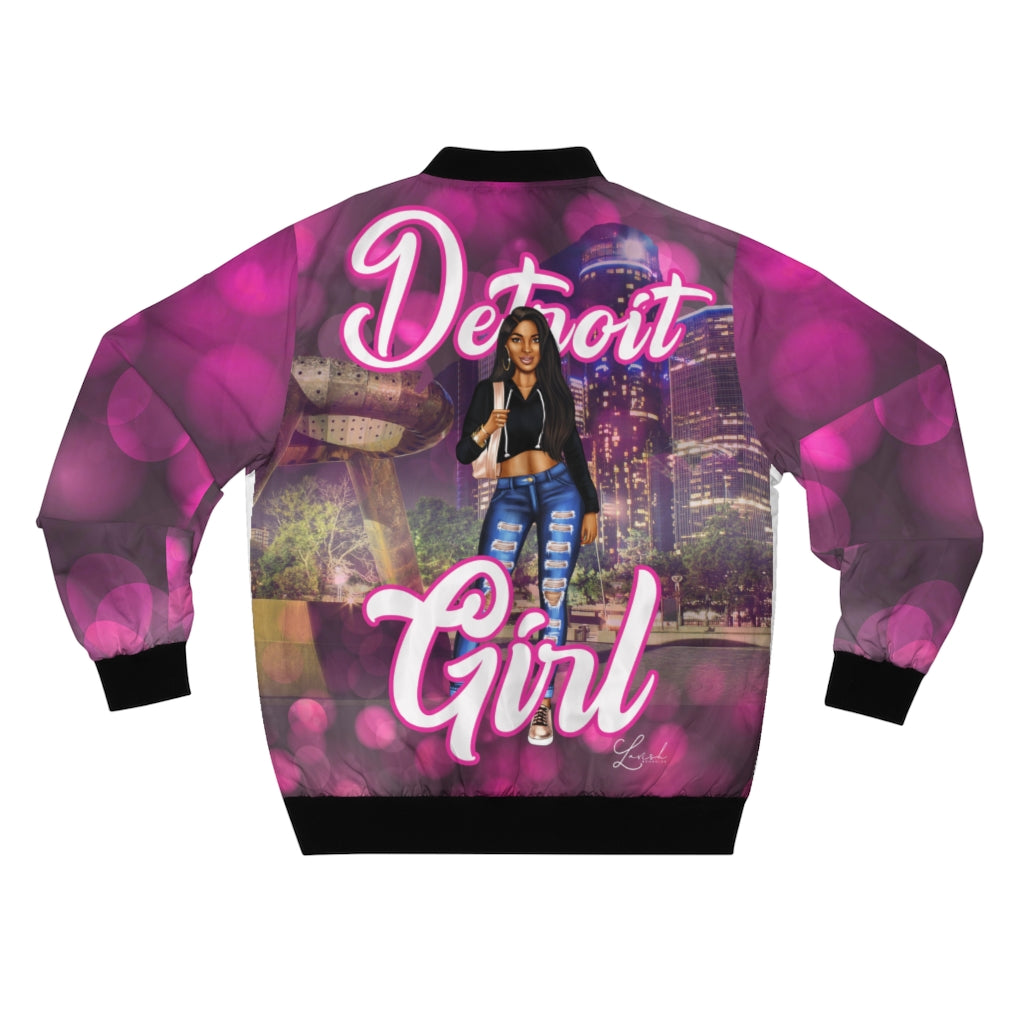 Detroit Girl All Over Print Bomber Jacket Hot Pink