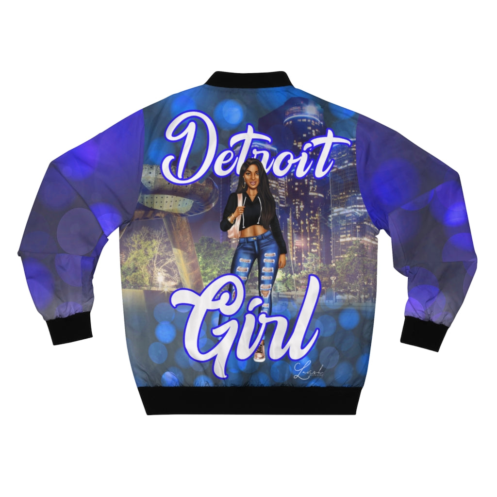 Detroit Girl All Over Print Bomber Jacket Blue