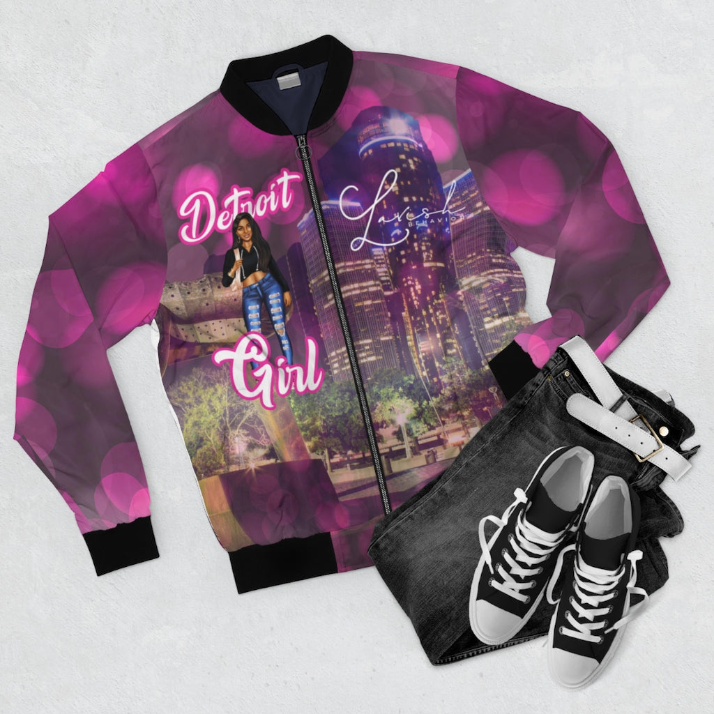 Detroit Girl All Over Print Bomber Jacket Hot Pink