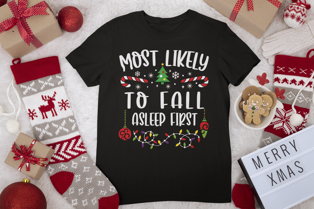 Most Likely to fall Asleep First Funny Matching Family Christmas Unisex Short Sleeve Tee