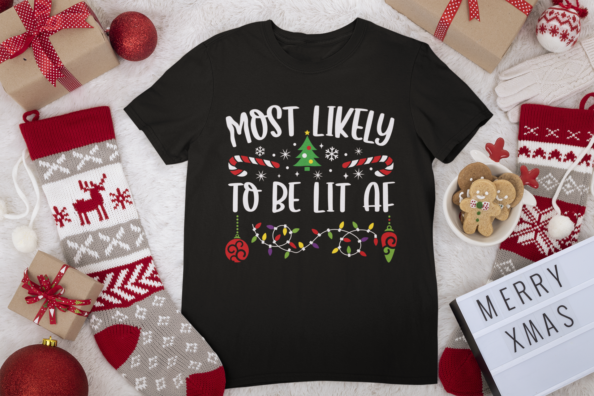 Most Likely to be Lit AF Funny Matching Family Christmas Unisex Short Sleeve Tee