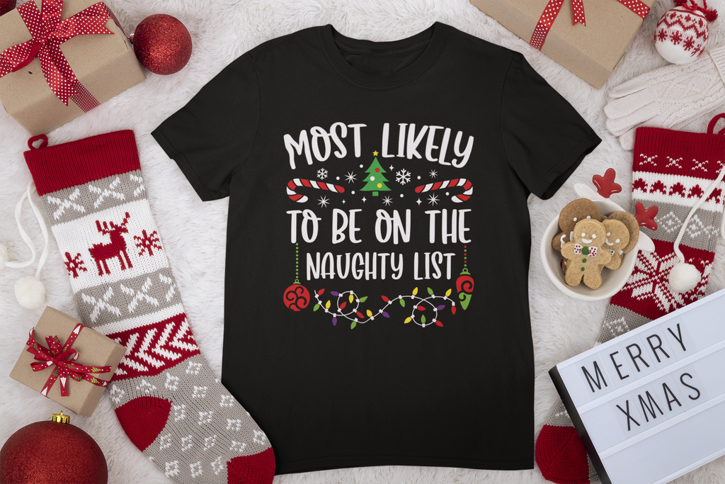 Most Likely to be on the Naughty List Funny Matching Family Christmas Unisex Short Sleeve Tee